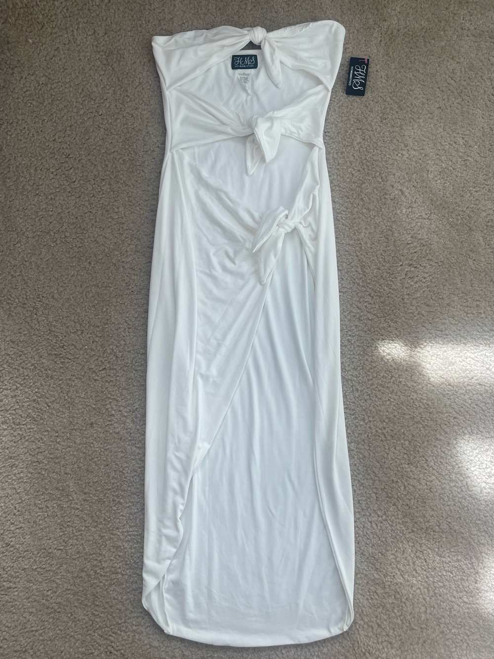 Hot Miami Styles White Strapless Midi Dress with Front Ties